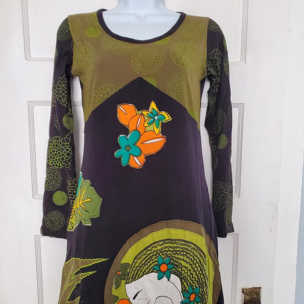 Aller Simplement Embroidered Green/Black Dress, Size S EXCELLENT!